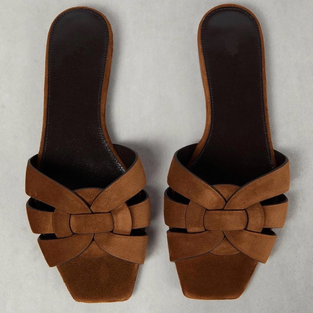 Women's Brown Suede Slide Sandals - Knotted Strap - Picture 3 of 10